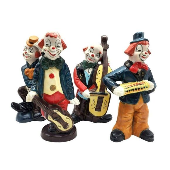 Vintage 1970's Norleans Hobo Clown Band Figurines Ceramic Hand Painted Lot Of 4 - Picture 1 of 13